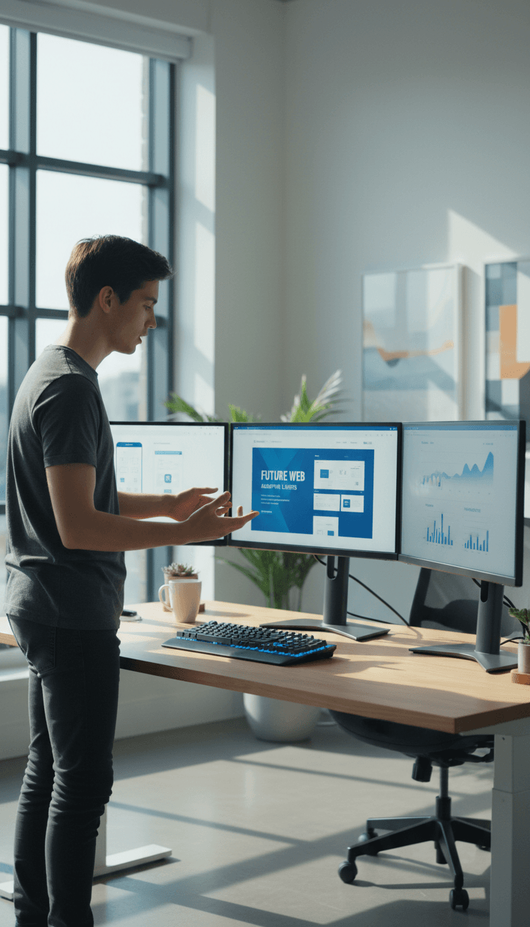 Developer working on website design and analytics at a modern workspace