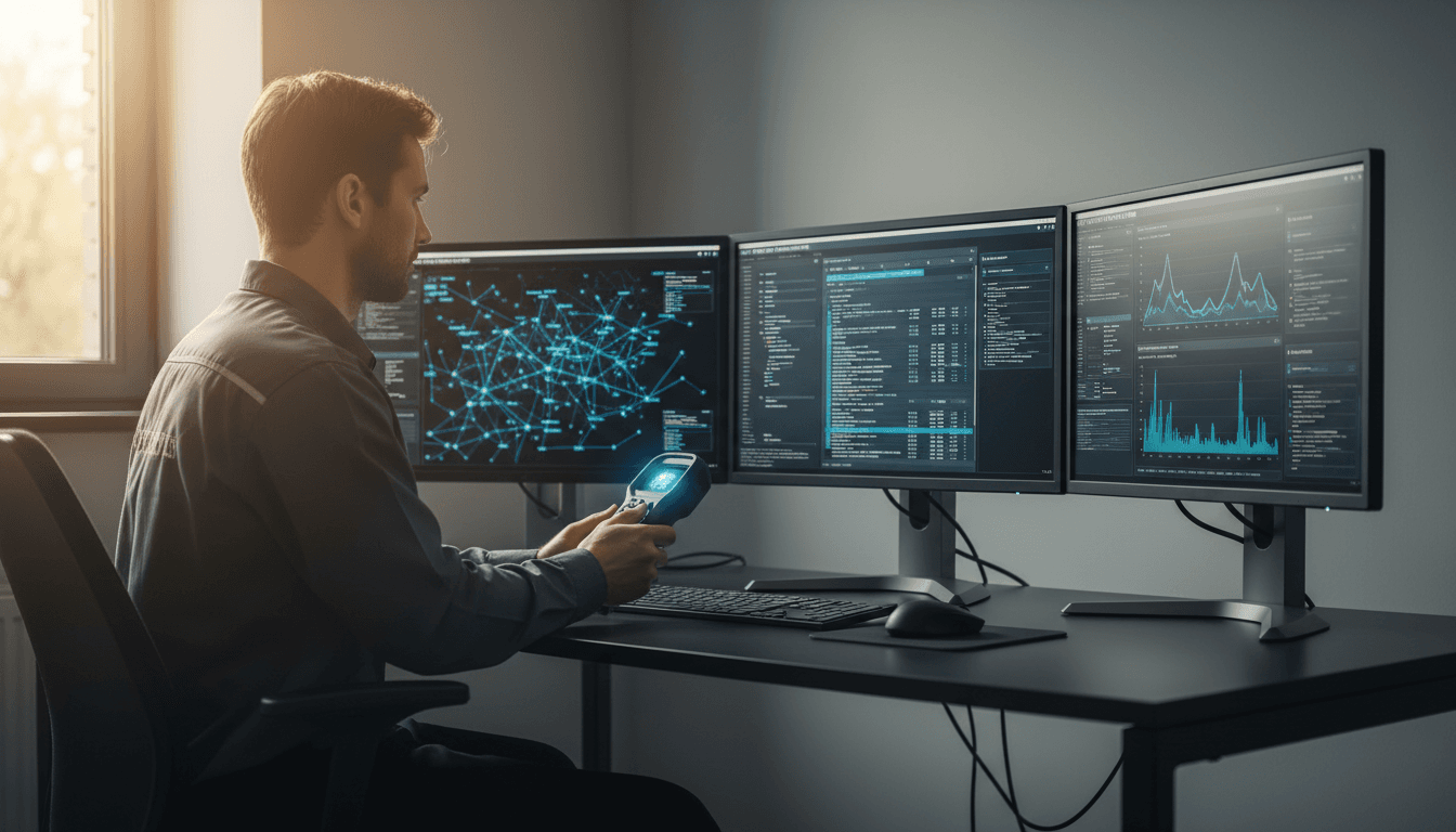 Technician analyzing diagnostic software on multiple monitors while performing computer system troubleshooting