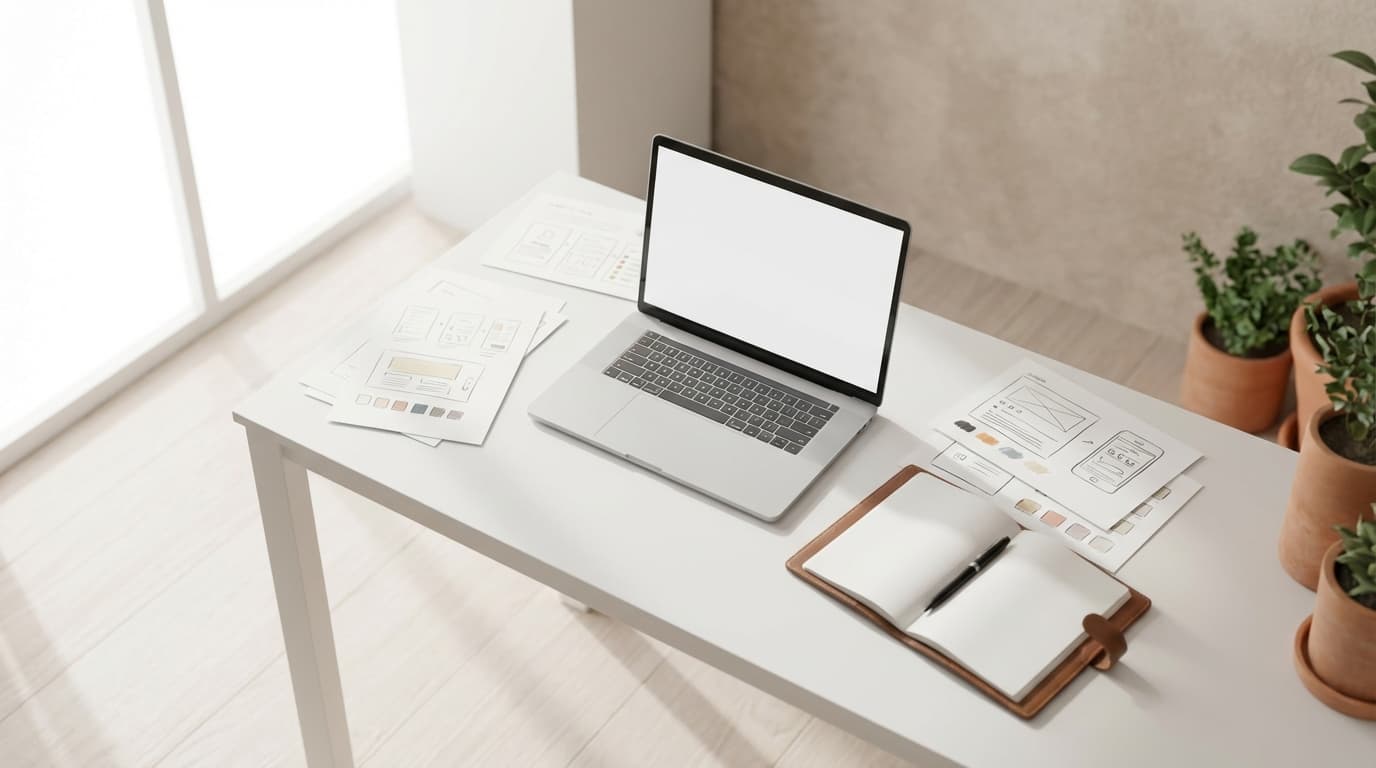 Designer working on website mockup at a bright, organized workspace