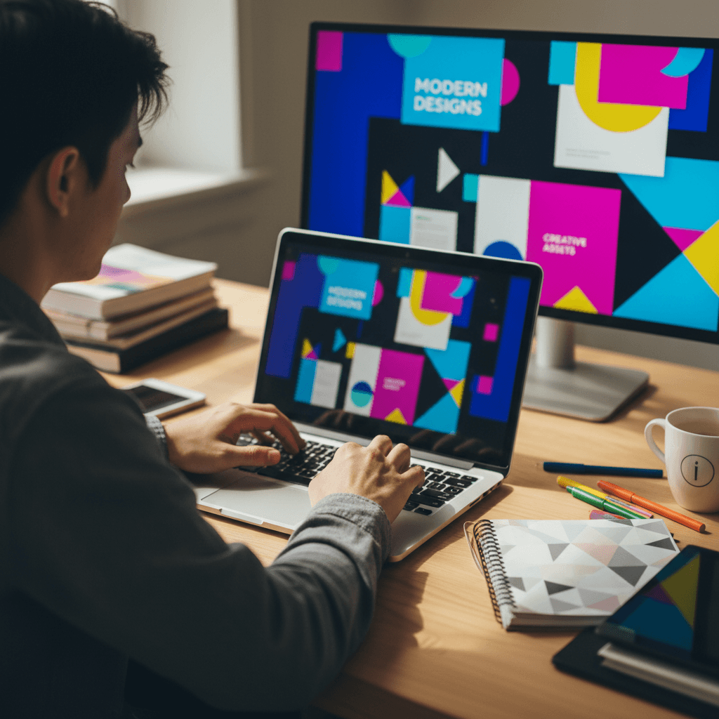 Web designer working on a website layout at a modern desk with natural lighting