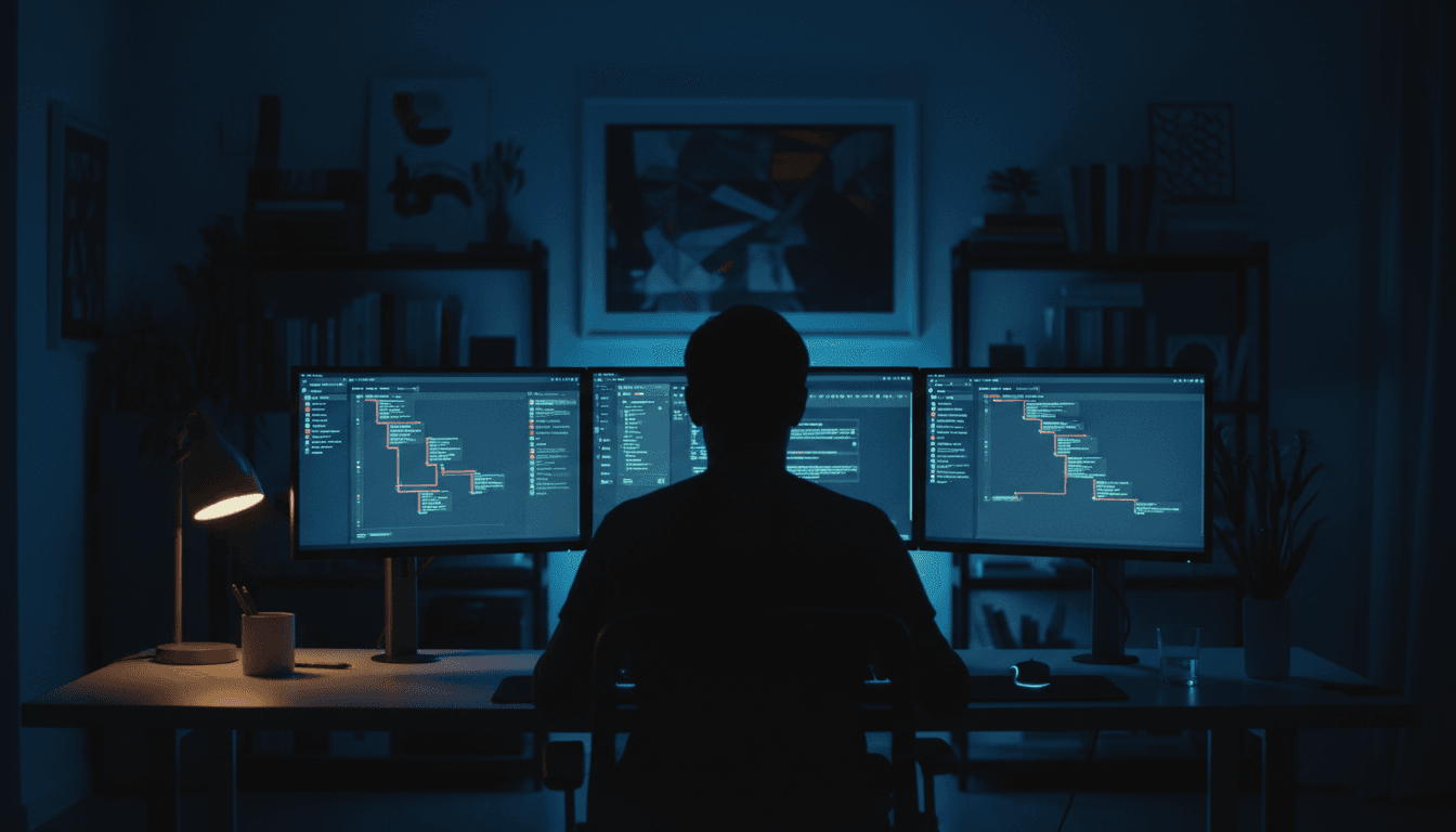 Web developer working on multiple monitors displaying website and analytics dashboards in a modern office