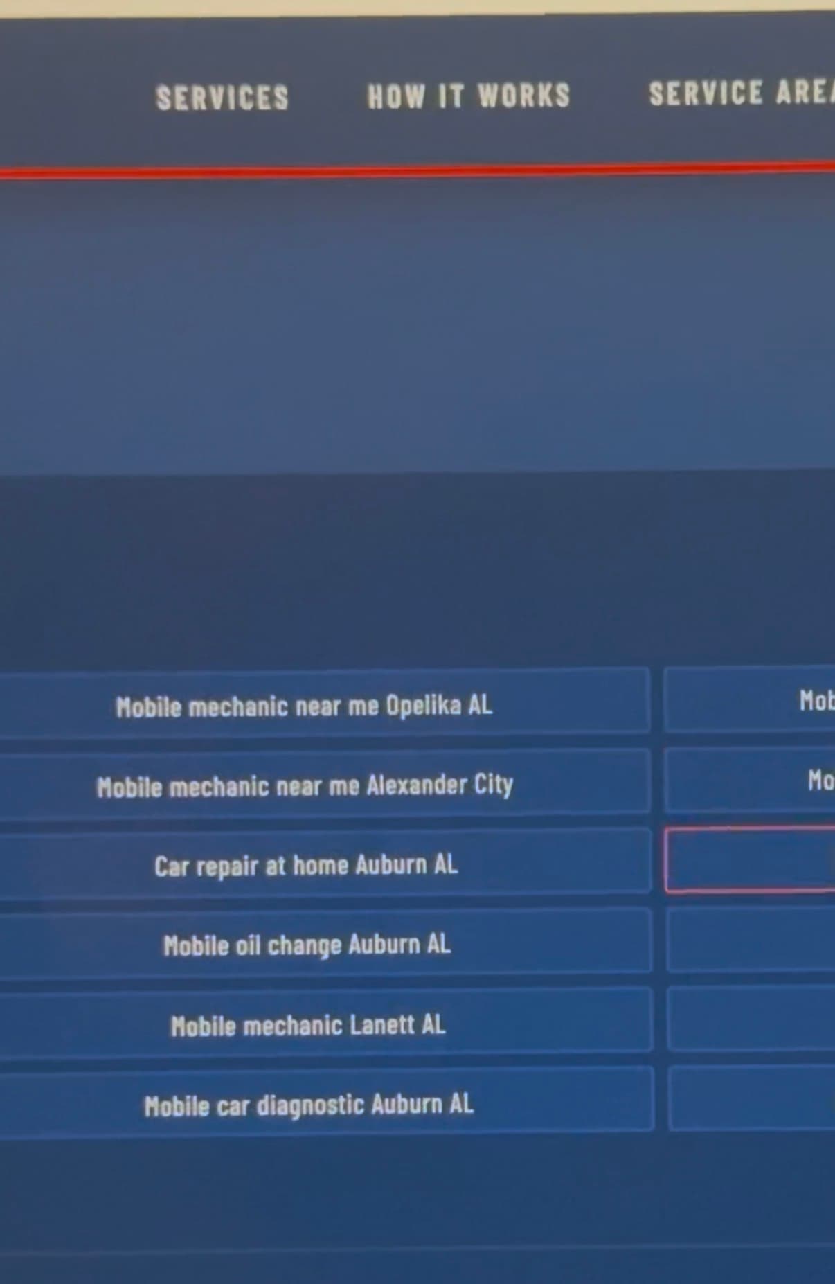 Website menu displaying mobile mechanic service links for Auburn, Opelika, and other Alabama locations.